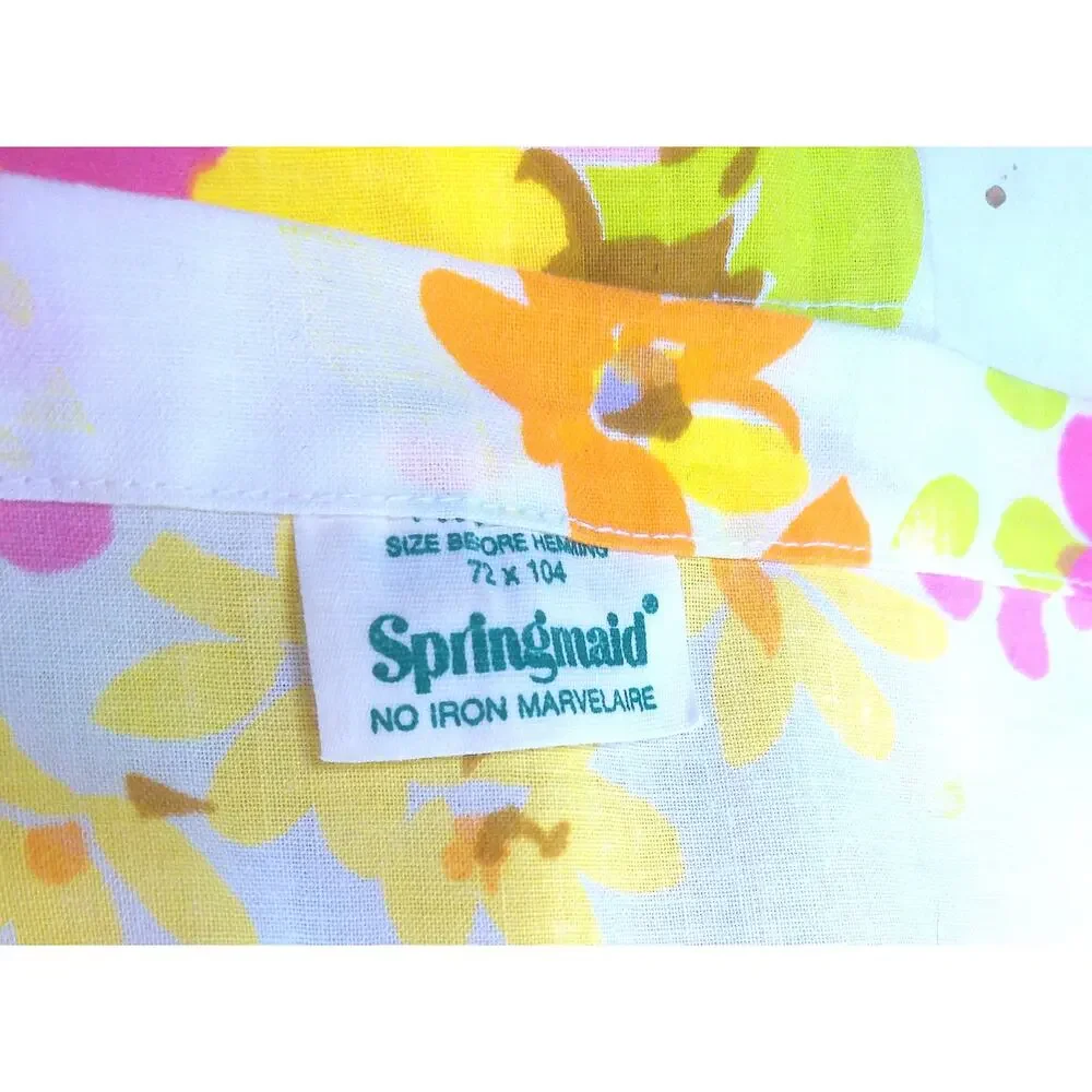 Vtg 70s Springmaid Twin Flat Sheet Retro Pink Yellow Orange Floral Mod Bedding